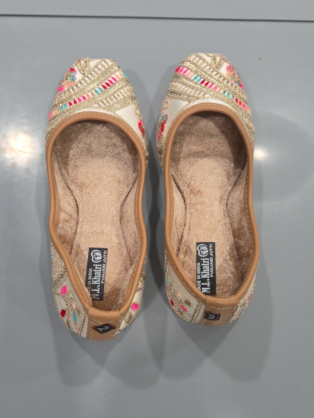 M.L. Khati Beige Embroidered Kid’s Jutti - Pink & Turquoise Accents